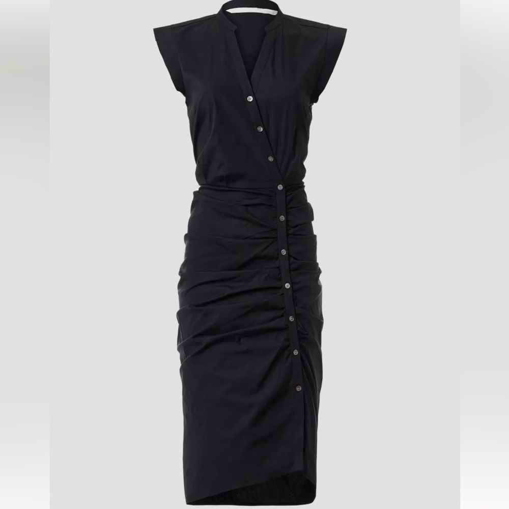 Veronica Beard Black Ruched Assymetric Button Shirtdress - Picture 2 of 12